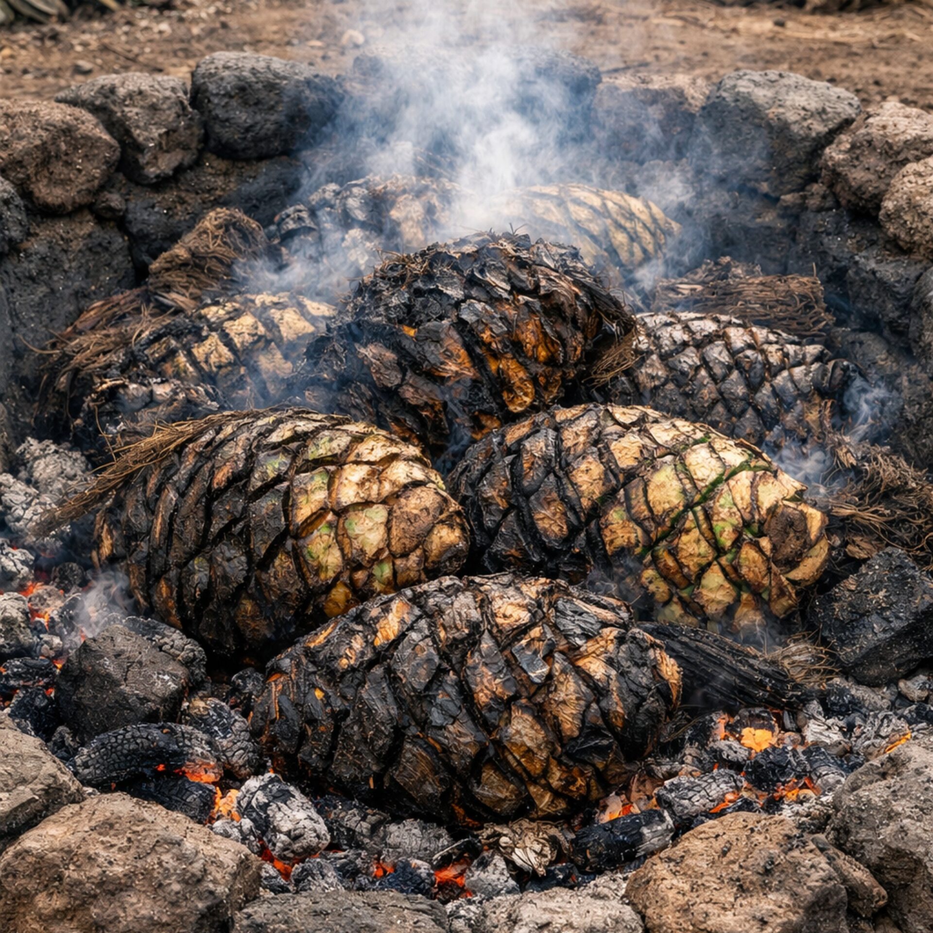 IBÁ Mezcal agave piñas roasting in a traditional underground pit oven in Oaxaca