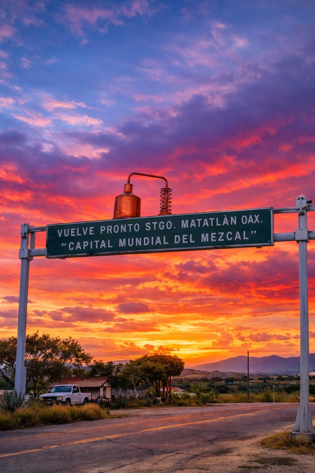 Sunset sky over Santiago Matatlán, Oaxaca, the capital of mezcal, showing the natural hues that inspire IBÁ Mezcal