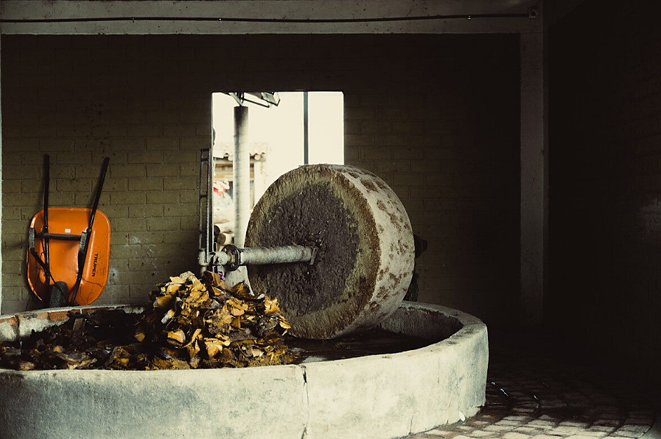 Traditional tahona crushing cooked agave at IBÁ Mezcal palenque in Oaxaca, Mexico