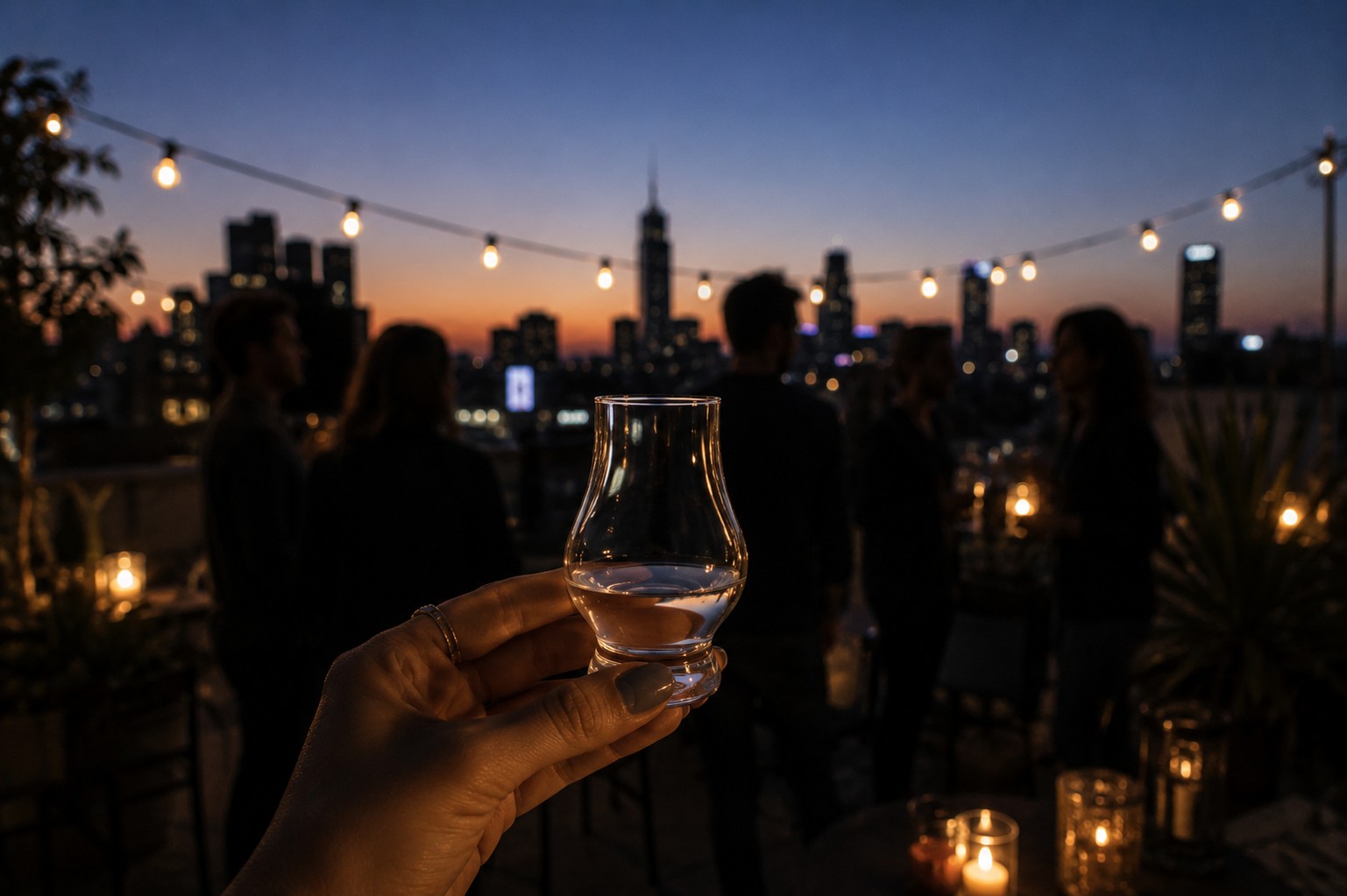 Woman holding a mezcal tasting glass at a rooftop gathering during twilight