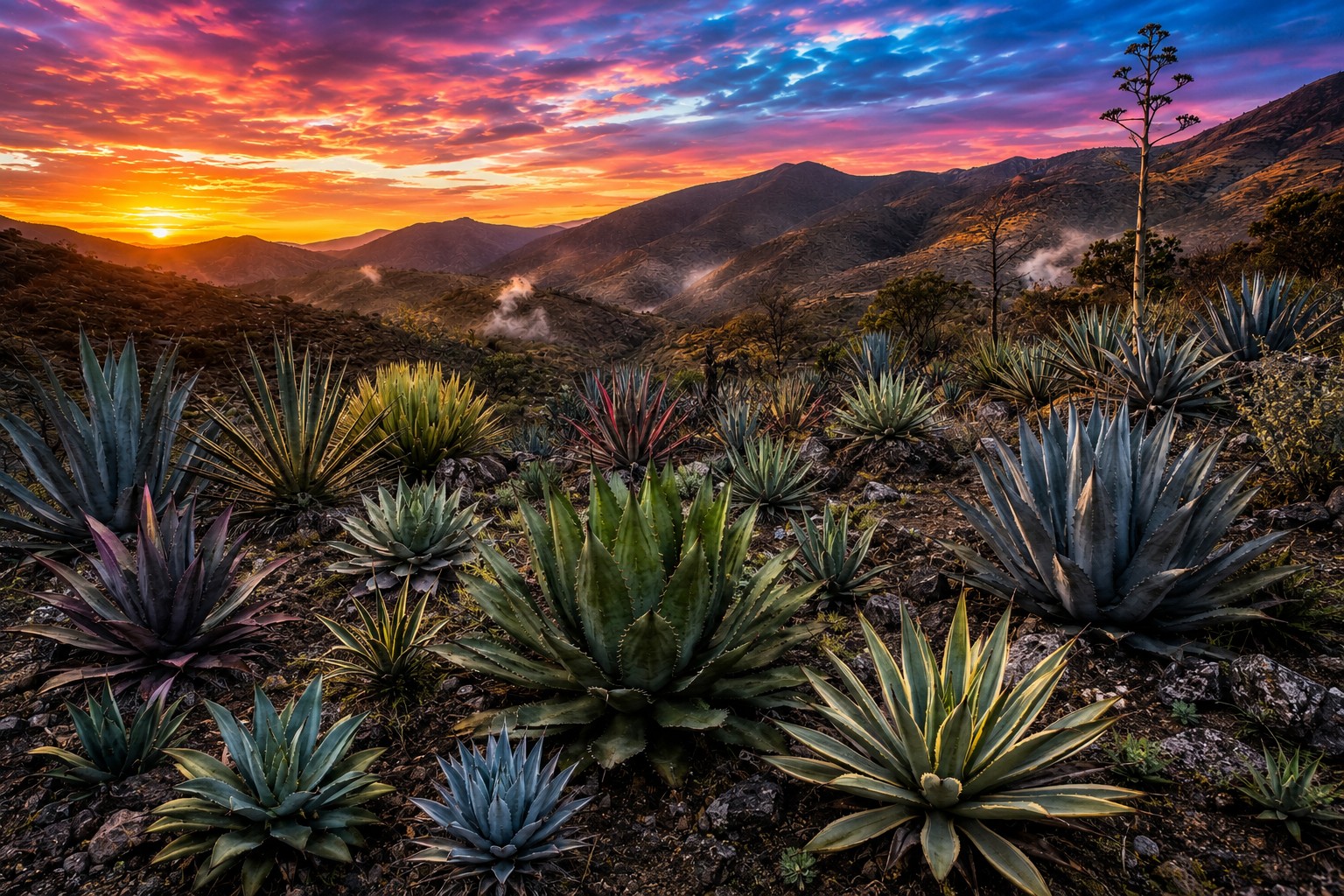 Different agave species growing naturally in Oaxaca used to produce premium mezcal